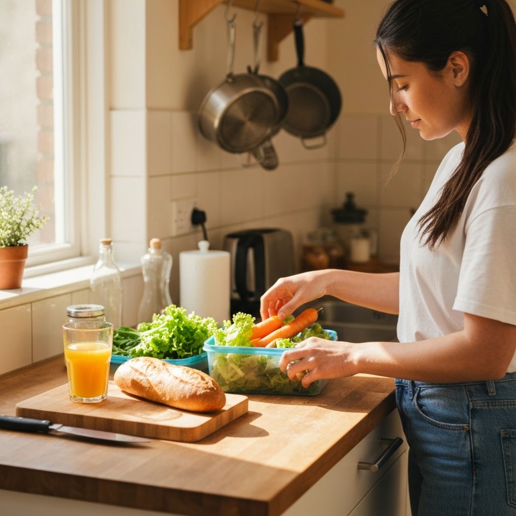 Hands preparing a packed lunch at a kitchen counter with fresh vegetables and a drink bottle