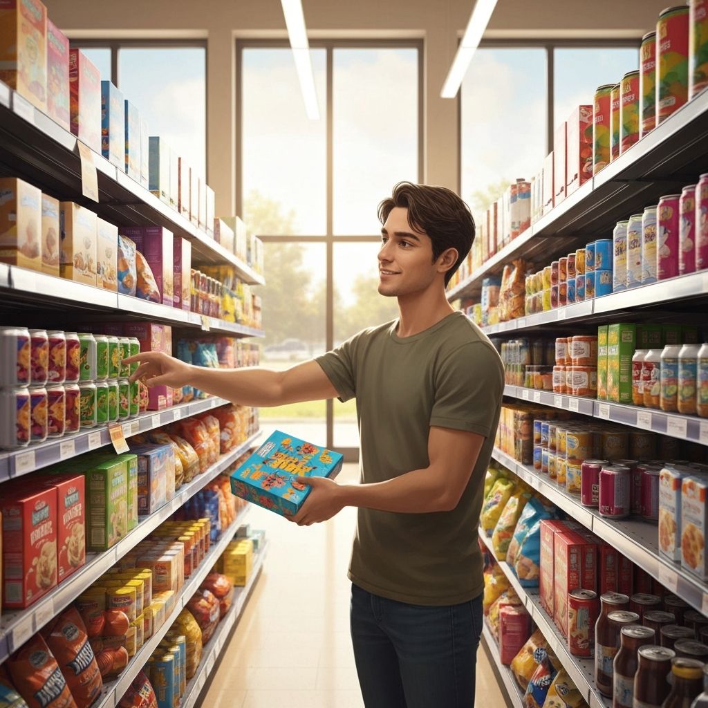 Inside a supermarket, someone thoughtfully choosing food items from a shelf